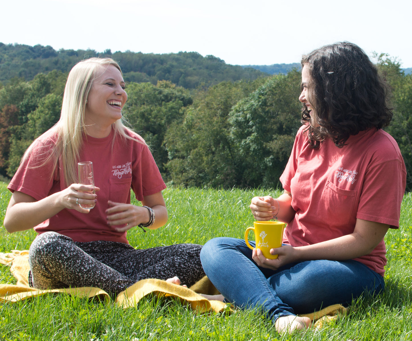 we are in this together, we're in this together, we are in this together shirt, we're in this together shirt, we are in this together tee shirt, we're in this together tee shirt, we are in this together pocket t shirt, we're in this together pocket shirt, short sleeve shirt, pocket tee, pocket t, mental health awareness, mental health awareness shirt, mental health awareness gift, comfy t shirt, comfy pocket tee, pale yellow, dark pink, pale yellow shirt, dark pink shirt, Oh Joyful Day, Oh Joyful Day shirt