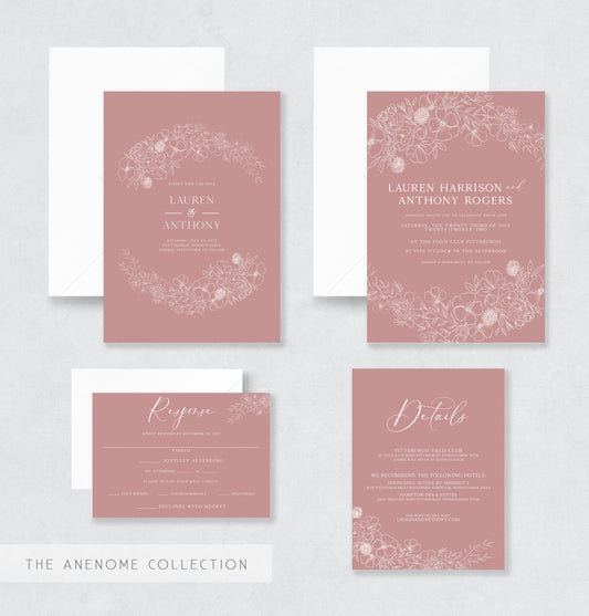 wedding invitation design green and white wedding invitation semi-custom wedding invitation wedding stationery pittsburgh wedding vendor customizable wedding invitation wedding stationer stationery design pink floral illustration wedding stationery invitation