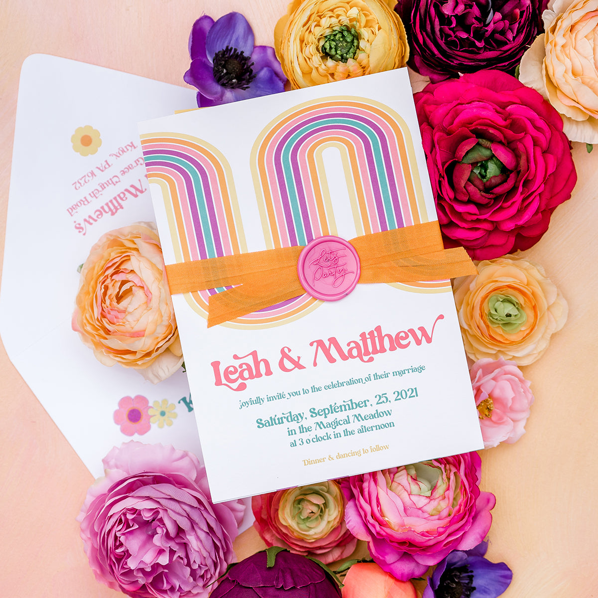 vibrant colorful wedding invitation for retro wedding pittsburgh