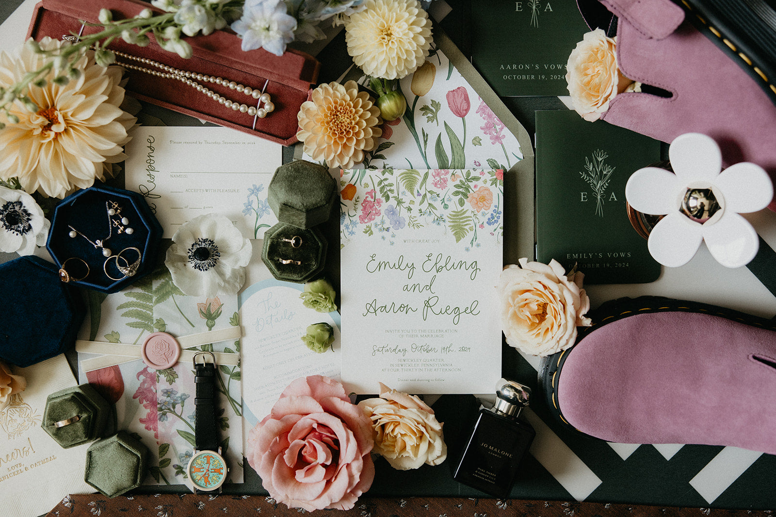 floral garden wedding invitation with envelope liner, velvet ribbon, and wax seals