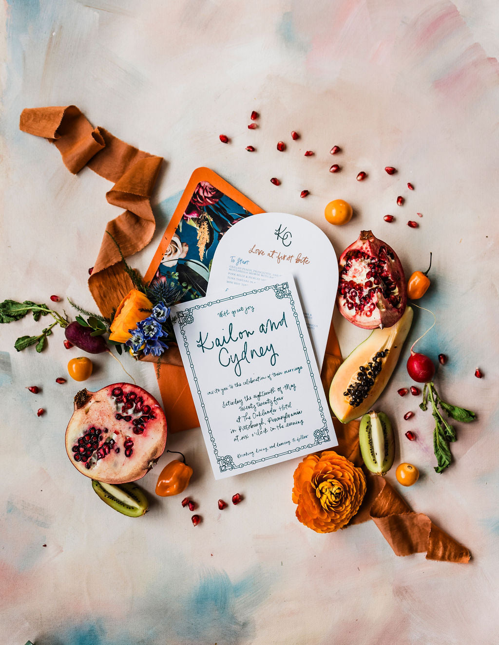 arched wedding invitation with calligraphy and floral envelope liner and wedding menu pittsburgh