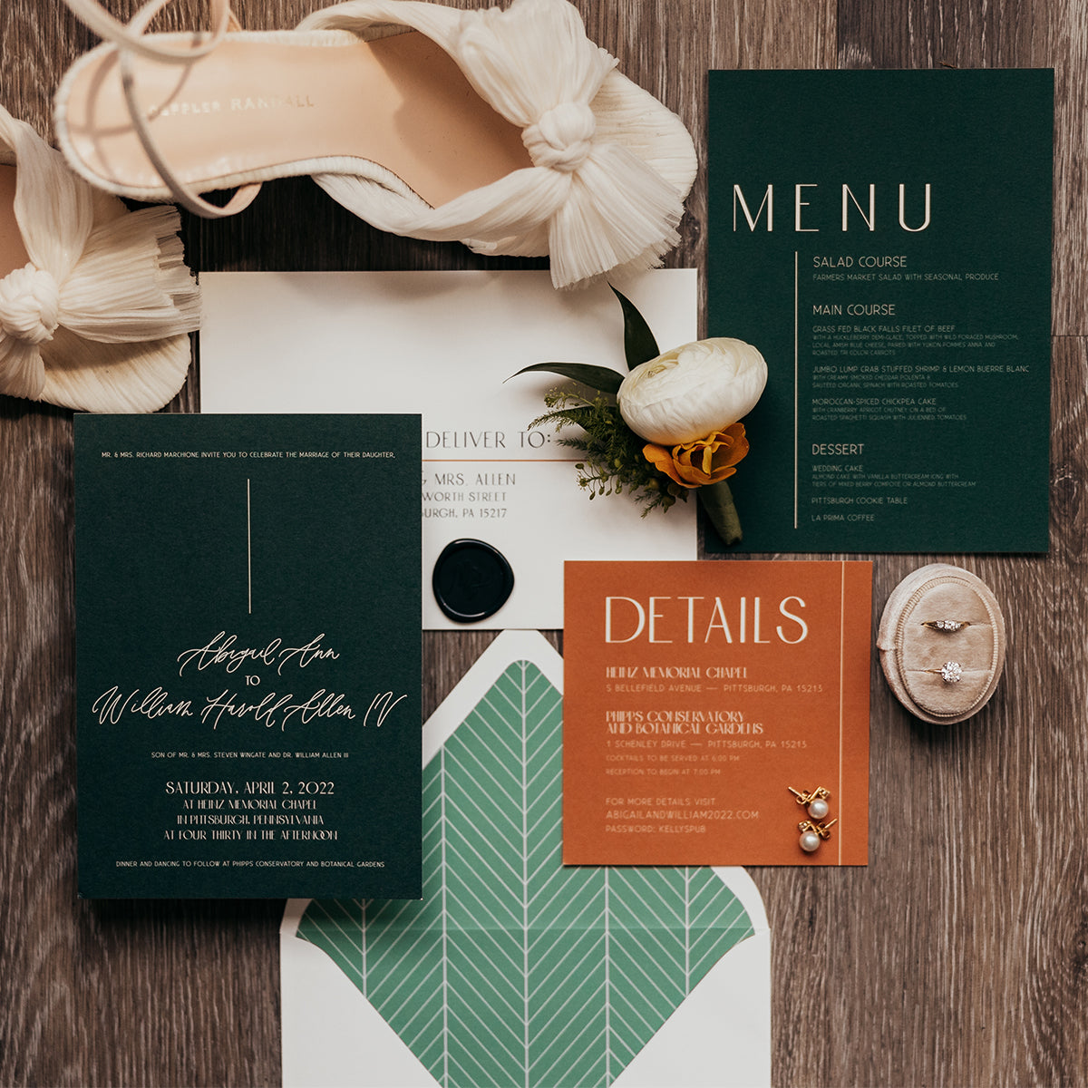 modern green and orange custom wedding invitation with envelope liner and calligraphy details