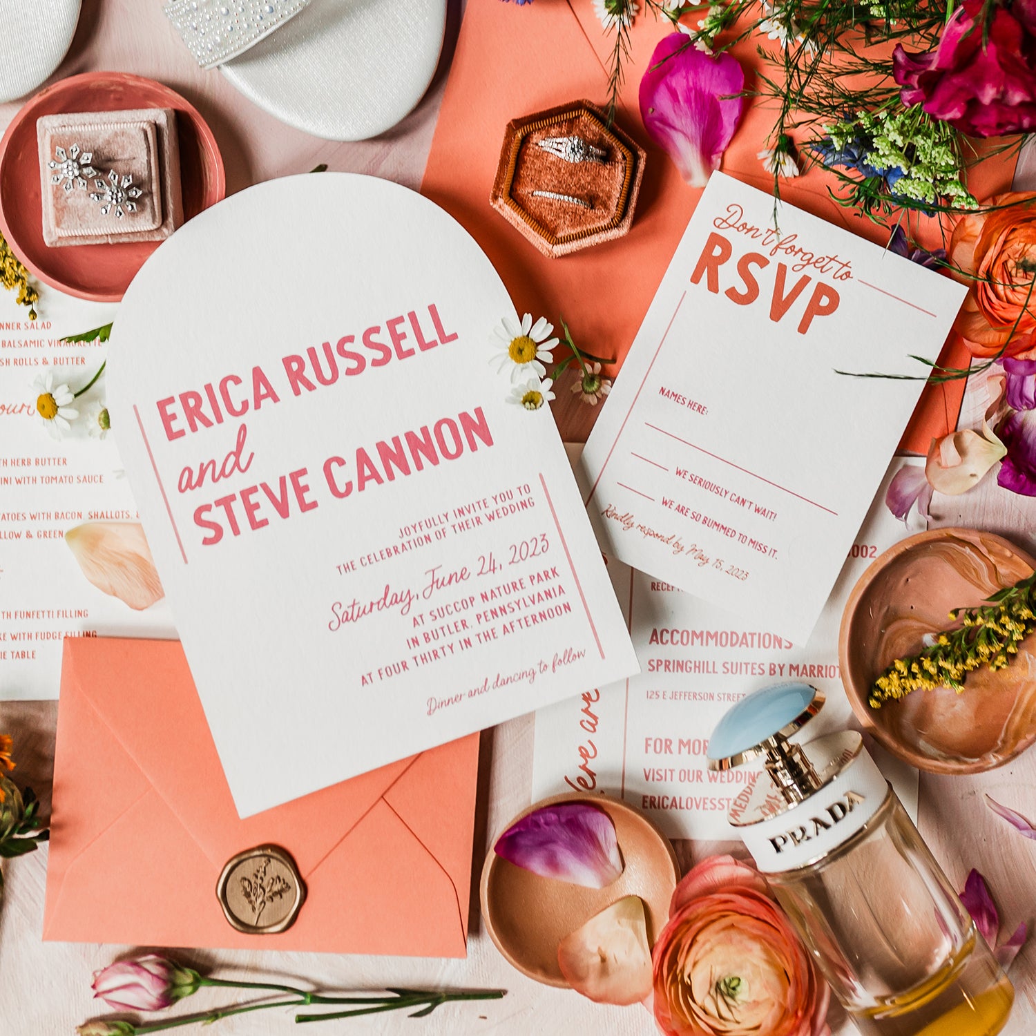 arched wedding invitation suite with modern fonts and lettering