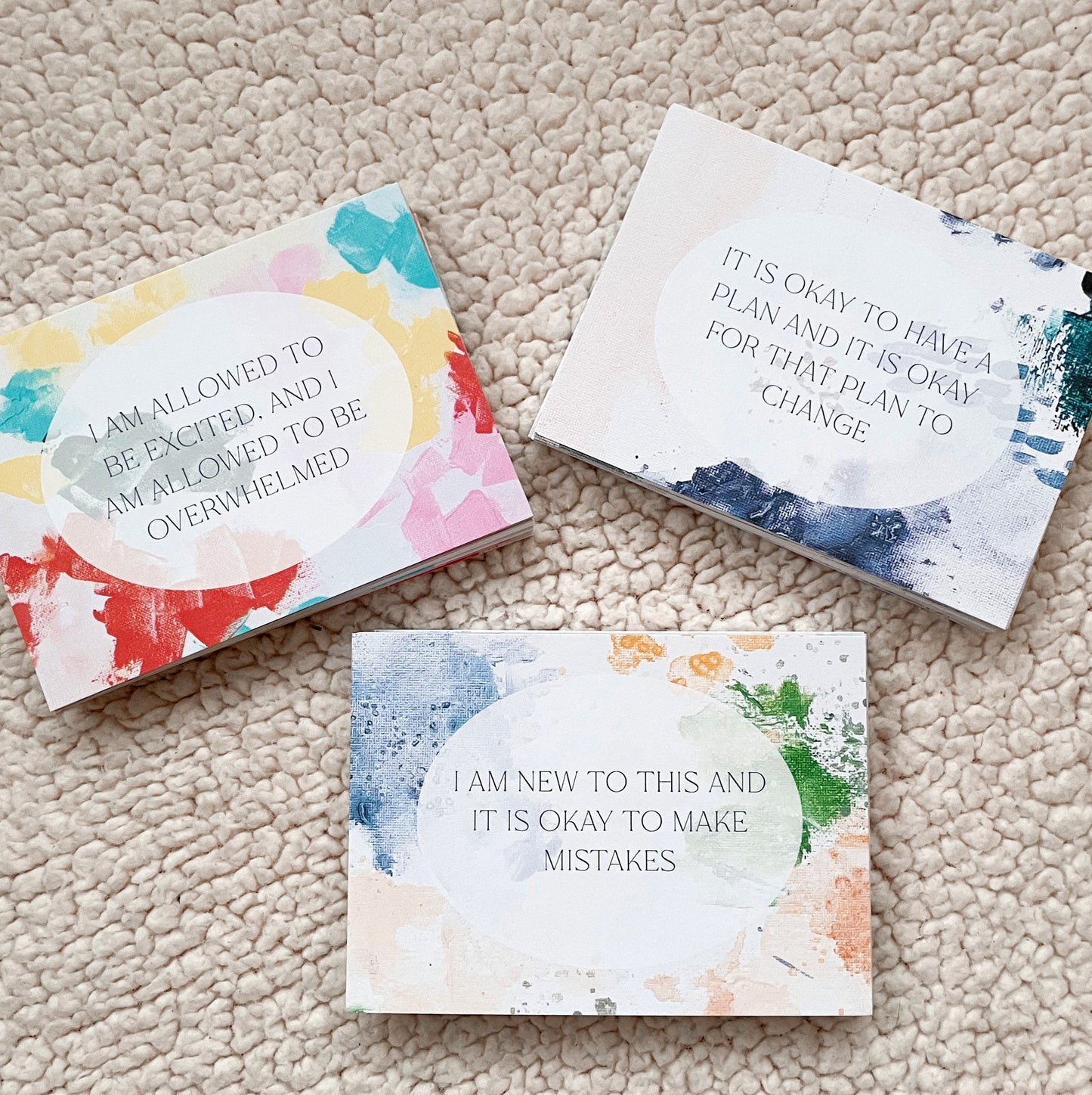 colorful abstract art affirmation cards with affirmations for pregnancy, labor and delivery, and postpartum 