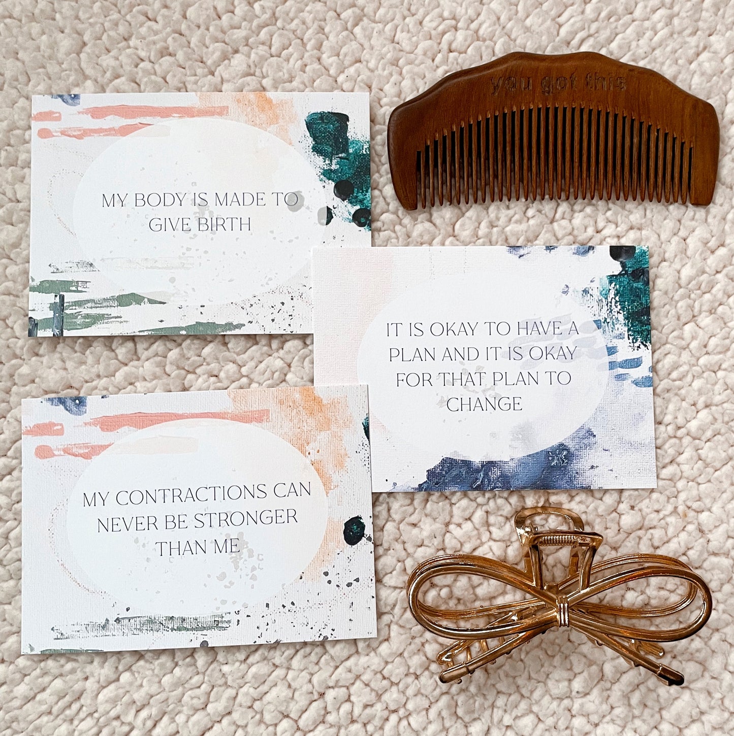 labor and delivery affirmation cards with colorful abstract art