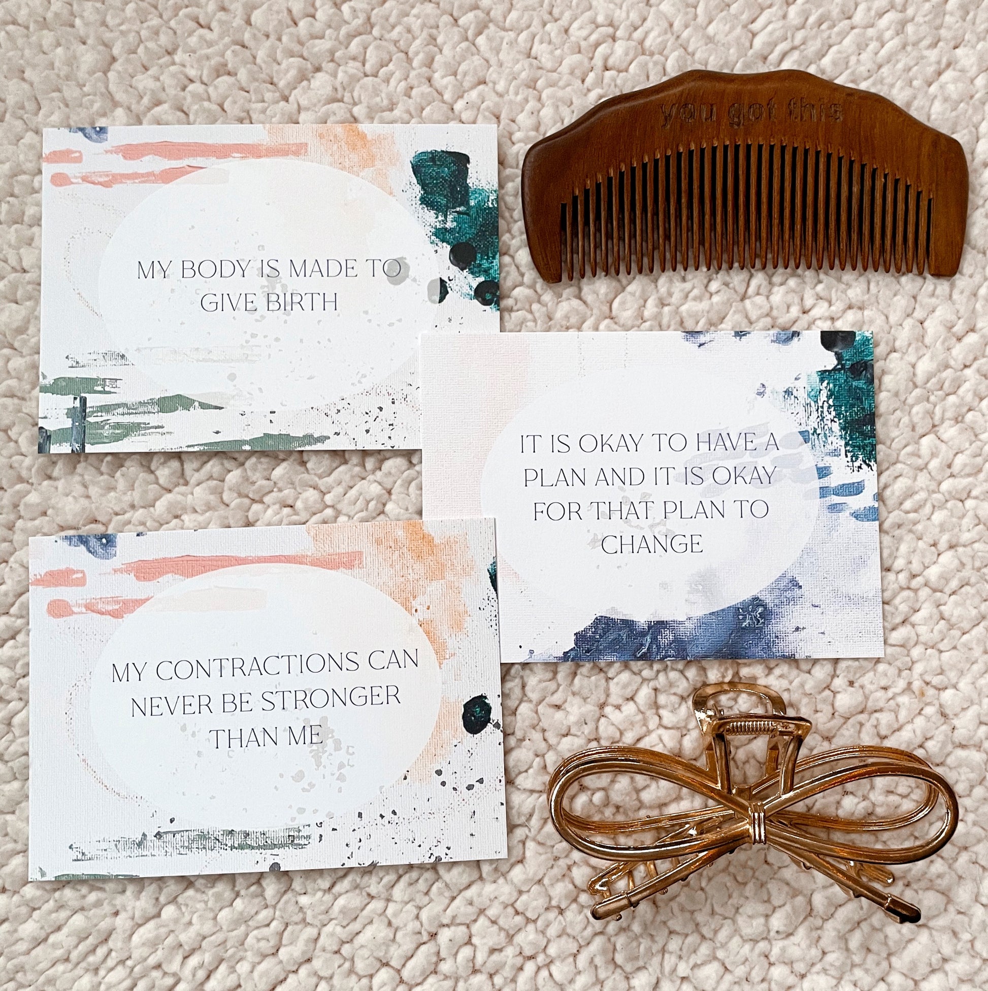 labor and delivery affirmation cards with colorful abstract art