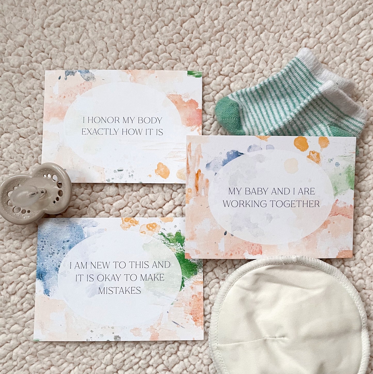 affirmation cards for postpartum with colorful abstract art