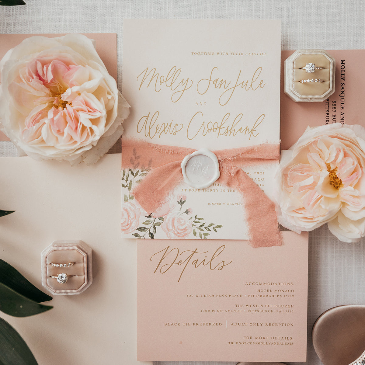 custom watercolor floral wedding invitation with wax seal, silk ribbon, and calligraphy pittsburgh