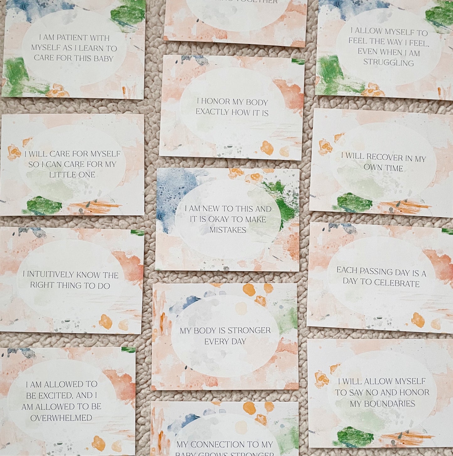 colorful abstract art affirmation cards for postpartum