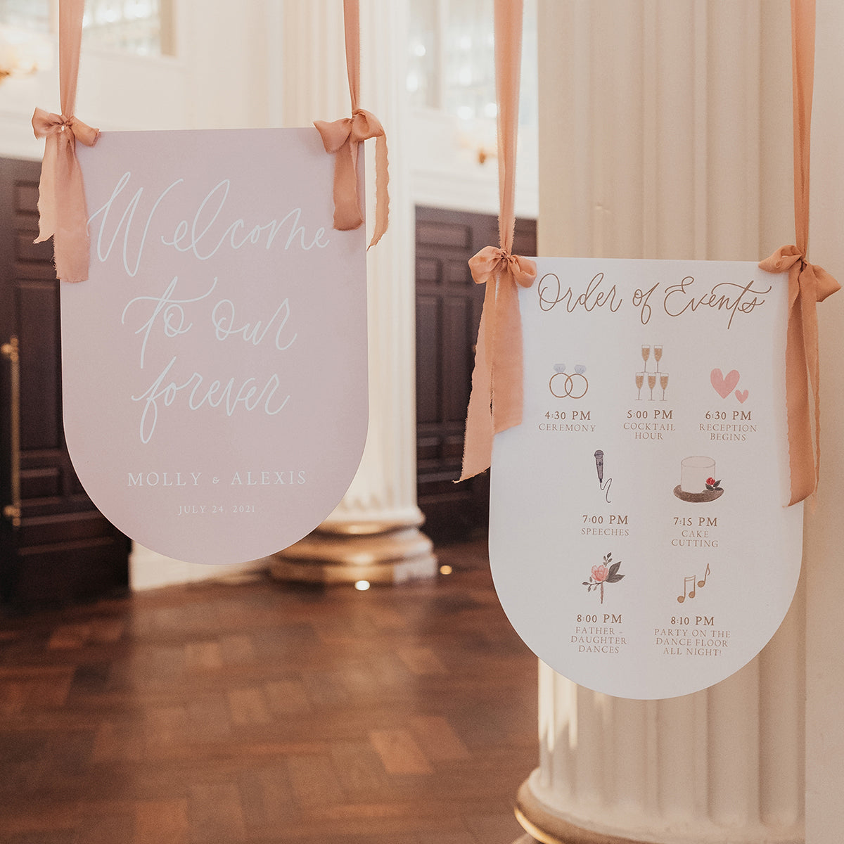 arched welcome and watercolor timeline wedding signs with illustrations and calligraphy 