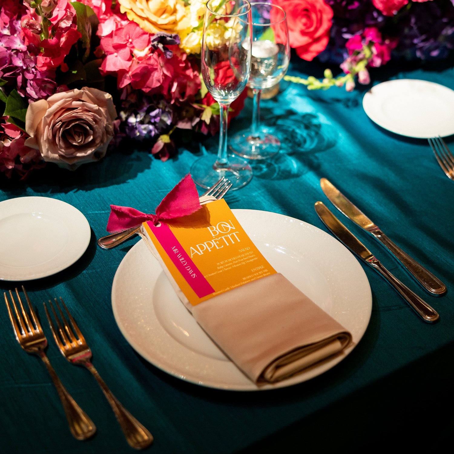 colorful modern wedding men and place card with ribbon for pittsburgh museum wedding
